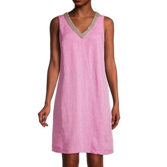 120% Lino Dresses & Skirts - NWT$480 120% Lino Beaded V-Neck Embellished Shift Linen Dress Orchid Sz 42/ S 6